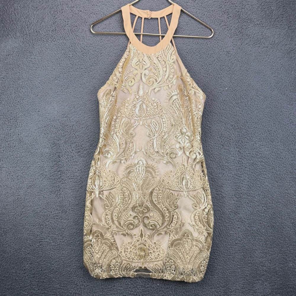 Dainty Hooligan Gold Sequin Paisley Halter Neck Bodycon Mini Dress Womens